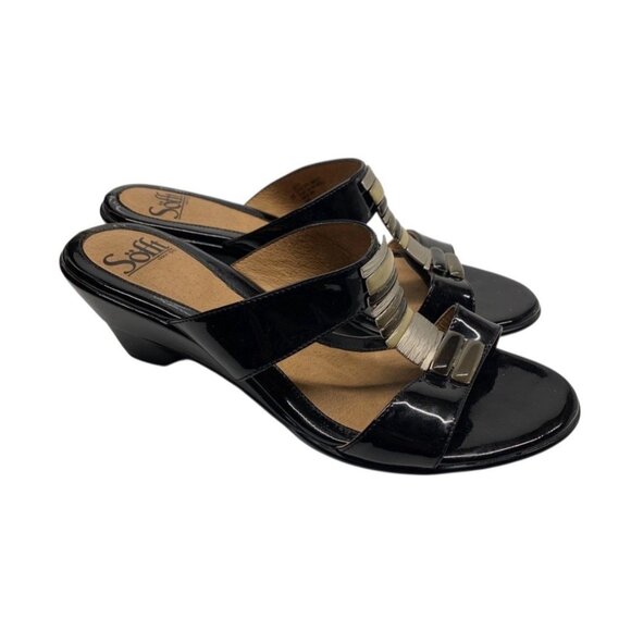 Sofft Anita Patent Leather Wedge Sandals Sz 8M Black Slide Mules Embellished - Picture 1 of 8
